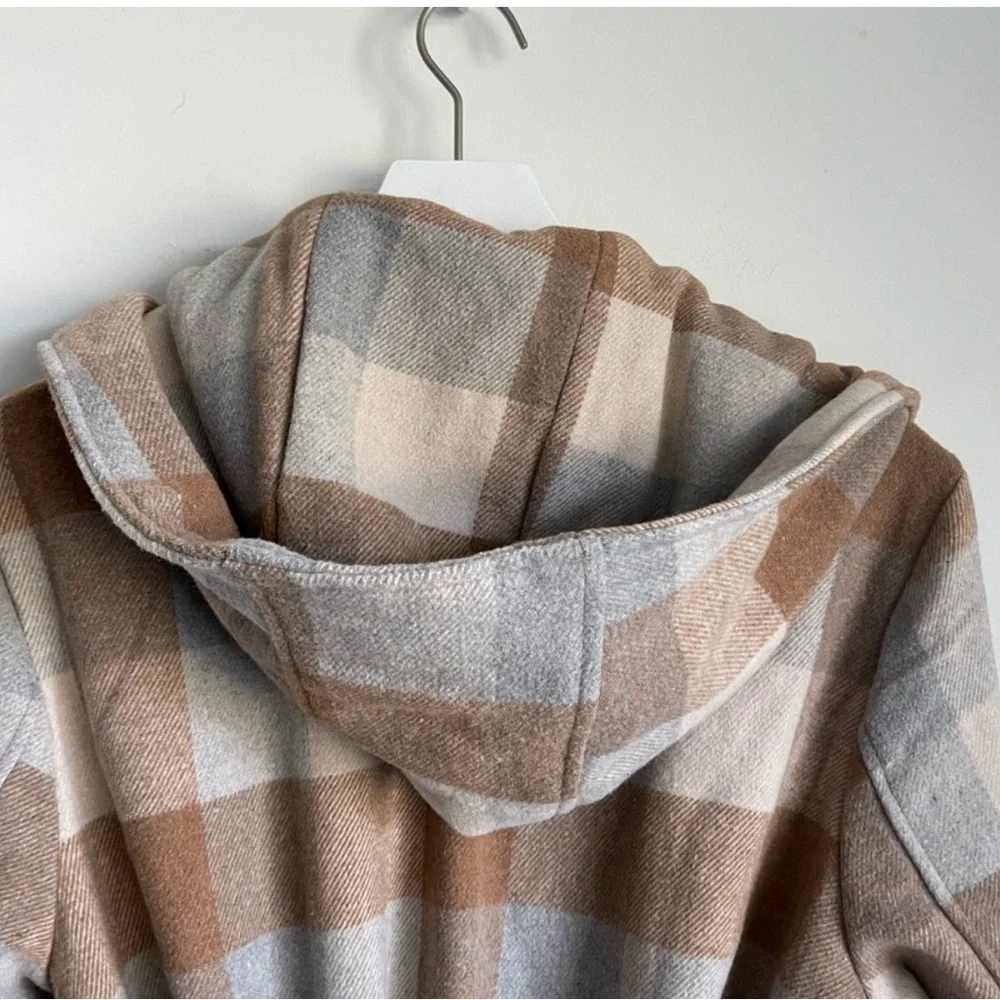a new day Plaid Belted Hooded Coat in Tan and Cream